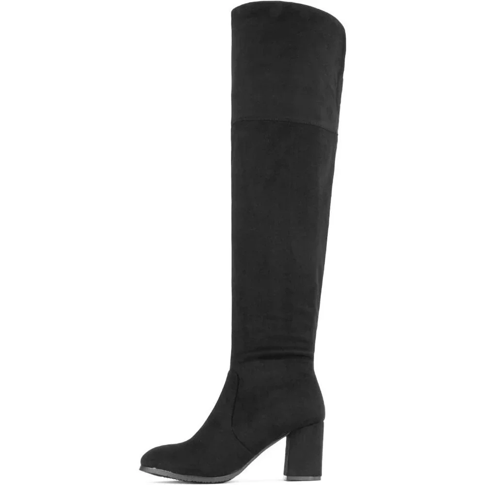 Women's Black Faux Suede Thigh High Block Heel Over The Knee Pointed Toe Boots
